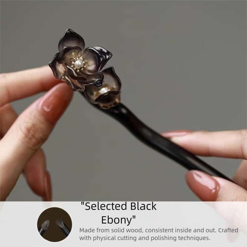 Black Rose Sandalwood Hair Pin - Handmade Zen Aesthetic Hair Stick