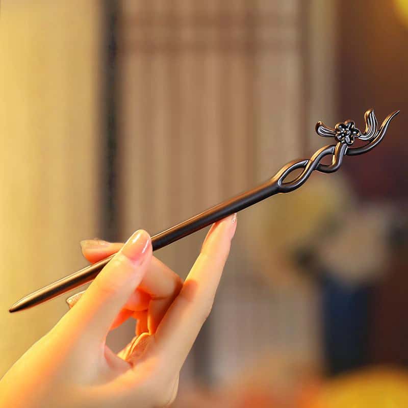 Handmade Ebony Plum Blossom Hair Stick — Carved Zen Wood Hair Pin